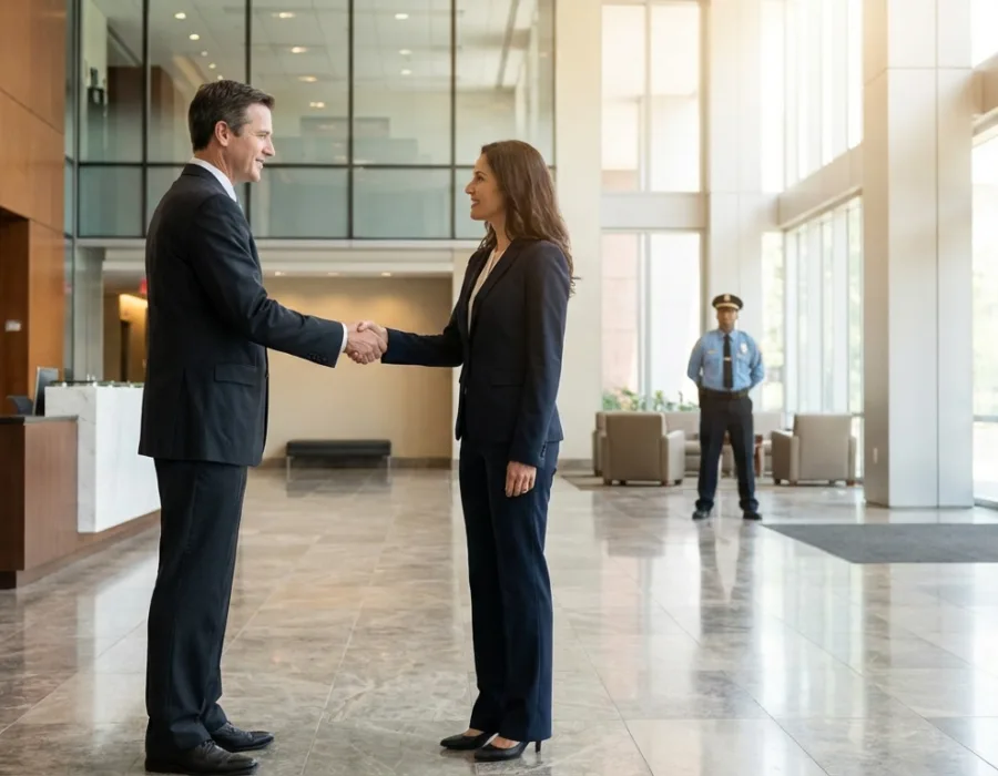 Poignée de main professionnelle en entreprise avec agent de sécurité