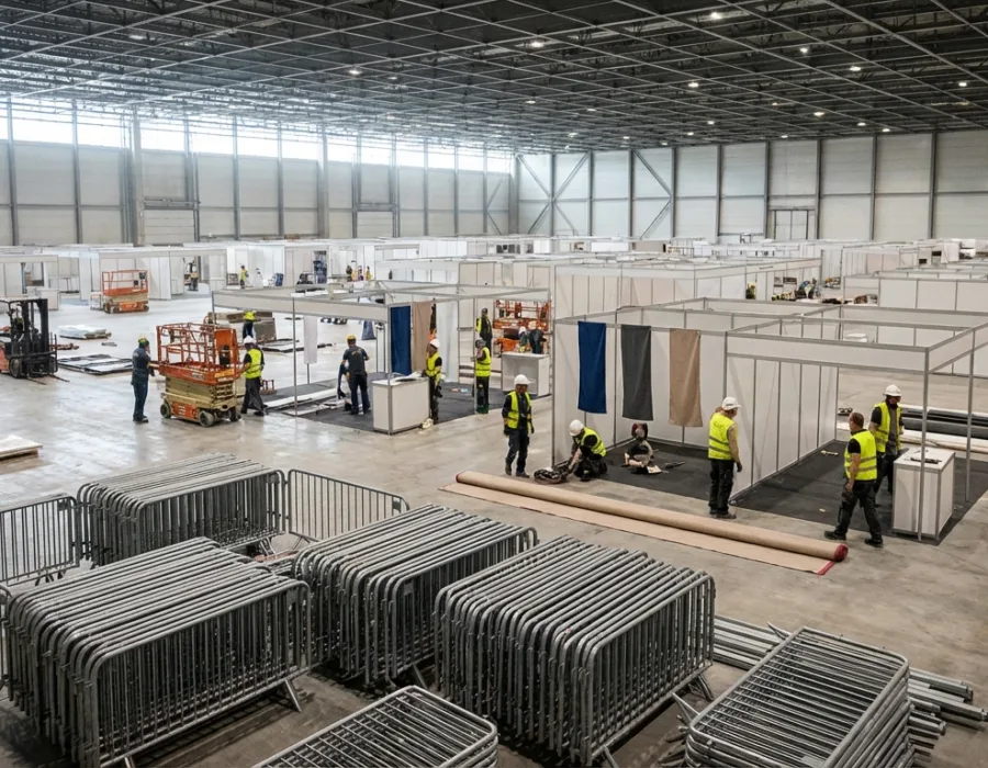 Montage d'un salon professionnel avec barrières de sécurité
