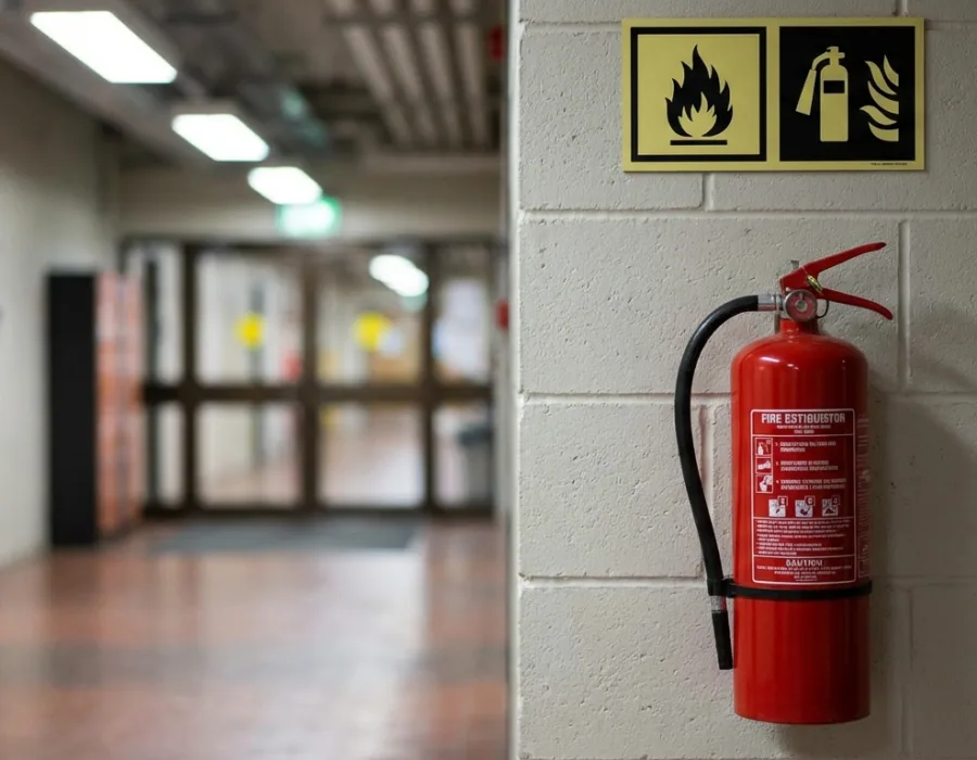 Extincteur de sécurité incendie dans un couloir d'ERP